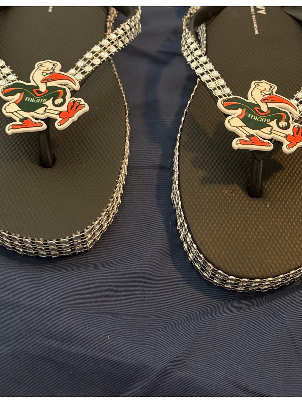 Black Rhinestone Thong Sandals with Mascot Accent